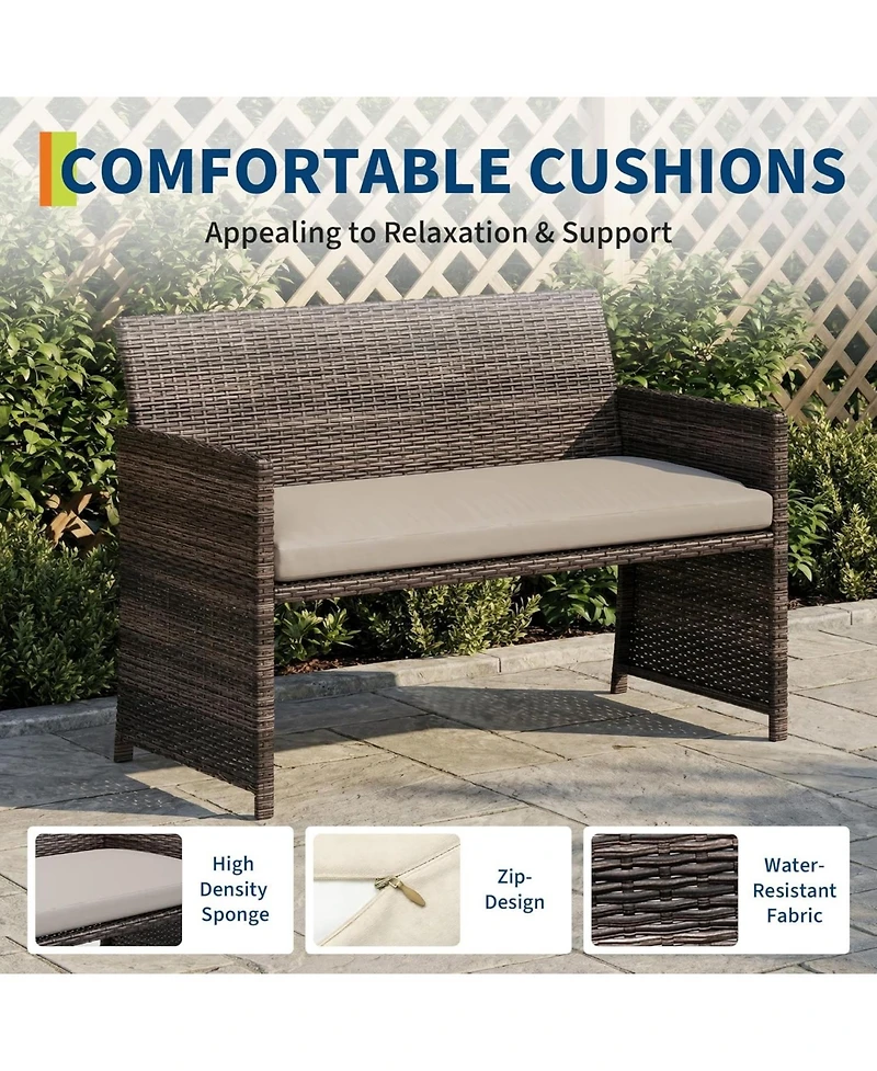GarveeLife 4-Piece Outdoor Patio Furniture Set, Pe Rattan Conversation Set with Loveseat, 2 Chairs and Tempered Glass Coffee Table