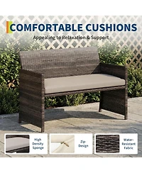 GarveeLife 4-Piece Outdoor Patio Furniture Set, Pe Rattan Conversation Set with Loveseat, 2 Chairs and Tempered Glass Coffee Table