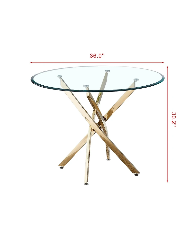 flynama 36" Round Clear Tempered Glass Dining Table with Gold Stainless Steel Legs