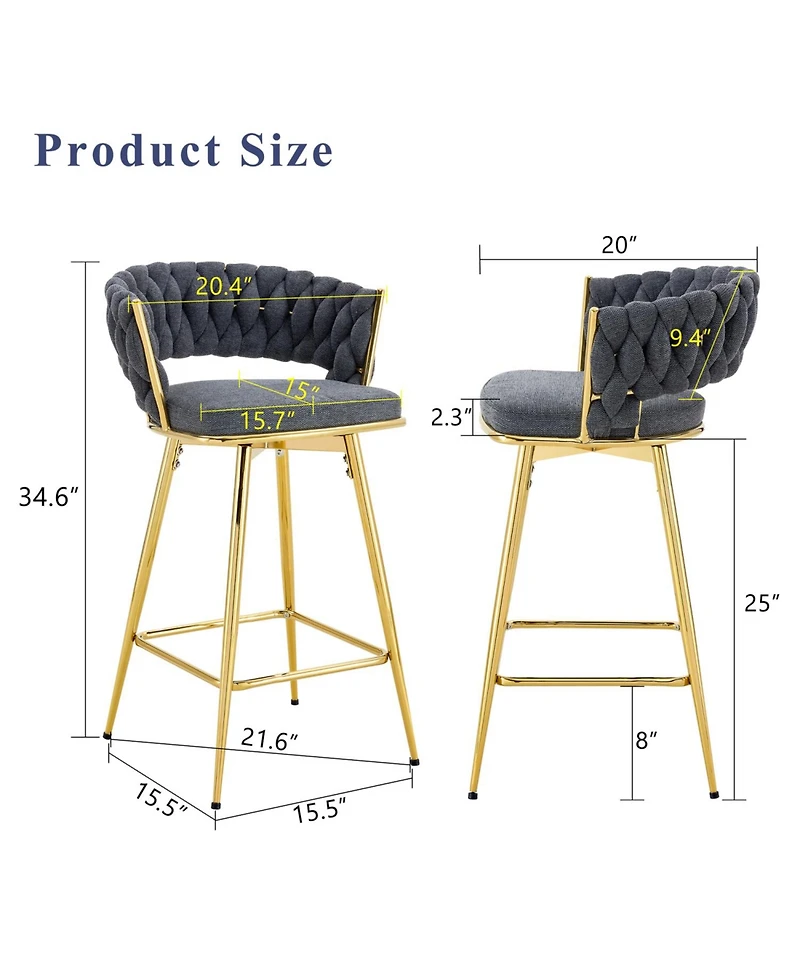 Rainsken Swivel Bar Stools Set of 2, with Linen Fabric Cushion, Rust-Resistant Electroplated Metal Frame, for Kitchen Island, Home