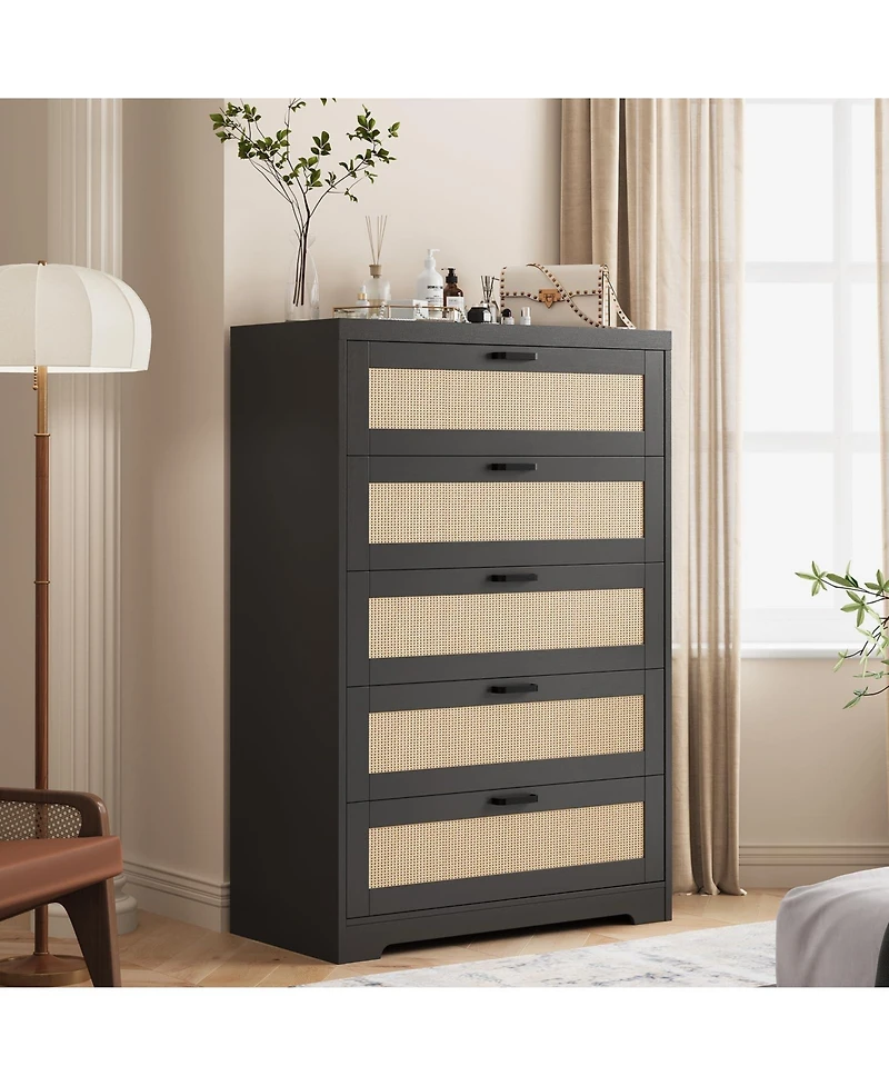 gaomon 5 Drawer Rattan Dresser with Power Outlets, Tall Wood Storage Chest for Bedroom