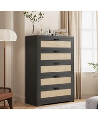 gaomon 5 Drawer Rattan Dresser with Power Outlets, Tall Wood Storage Chest for Bedroom