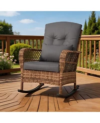 GarveeLife Outdoor Wicker Rocking Chairs, Pe Rattan Garden Rocking Chairs with Thick Cushion Pillow Patio Rocker Chair for Backyard