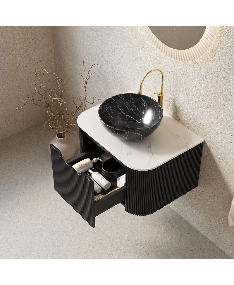 Sillysis Wall Mounted Bathroom Vanity, Artificial Marble Top with Bowl Sink, Striped Plywood Cabinet