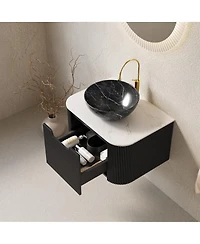 Sillysis Wall Mounted Bathroom Vanity, Artificial Marble Top with Bowl Sink, Striped Plywood Cabinet
