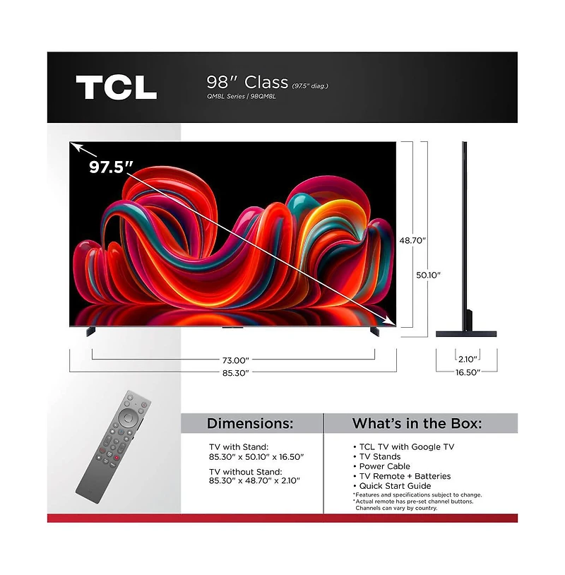 Tcl 98" QM8L Series 4K Mini Led Smart Google Tv Dolby Vision Hdr 144Hz Gaming - 98QM8L