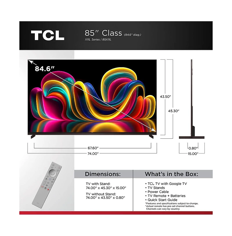 Tcl 85" X11L Series 4K Mini Led Smart Google Tv Dolby Vision Hdr Gaming - 85X11L