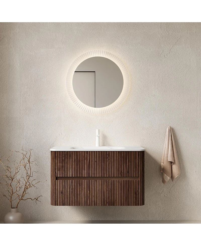 Sillysis 35.8 Inches Modern Walnut Wall Mounted Bathroom Vanity, Sintered Stone Basin, Soft Close Drawers Large Storage, Pre-assembled