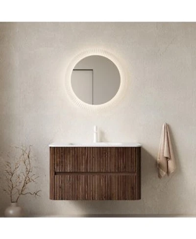 Sillysis 35.8 Inches Modern Walnut Wall Mounted Bathroom Vanity Sintered Stone Basin Soft Close Drawers Large Storage Pre Assembled