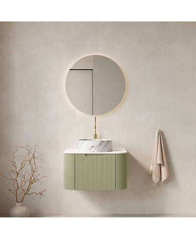 Sillysis Wall Mounted Bathroom Vanity, Artificial Marble Top with Round Ceramic Basin, 3D Striped Plywood Cabinet