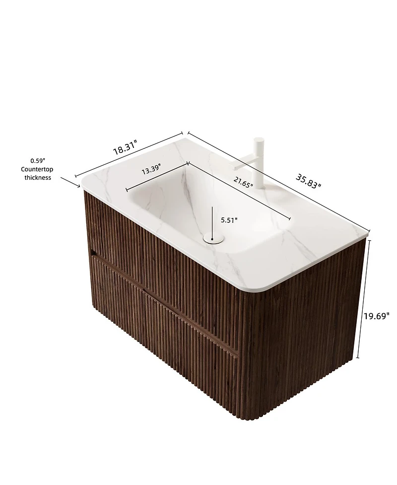 Sillysis Inches Modern Walnut Wall Mounted Bathroom Vanity, Sintered Stone Basin, Soft Close Drawers Large Storage