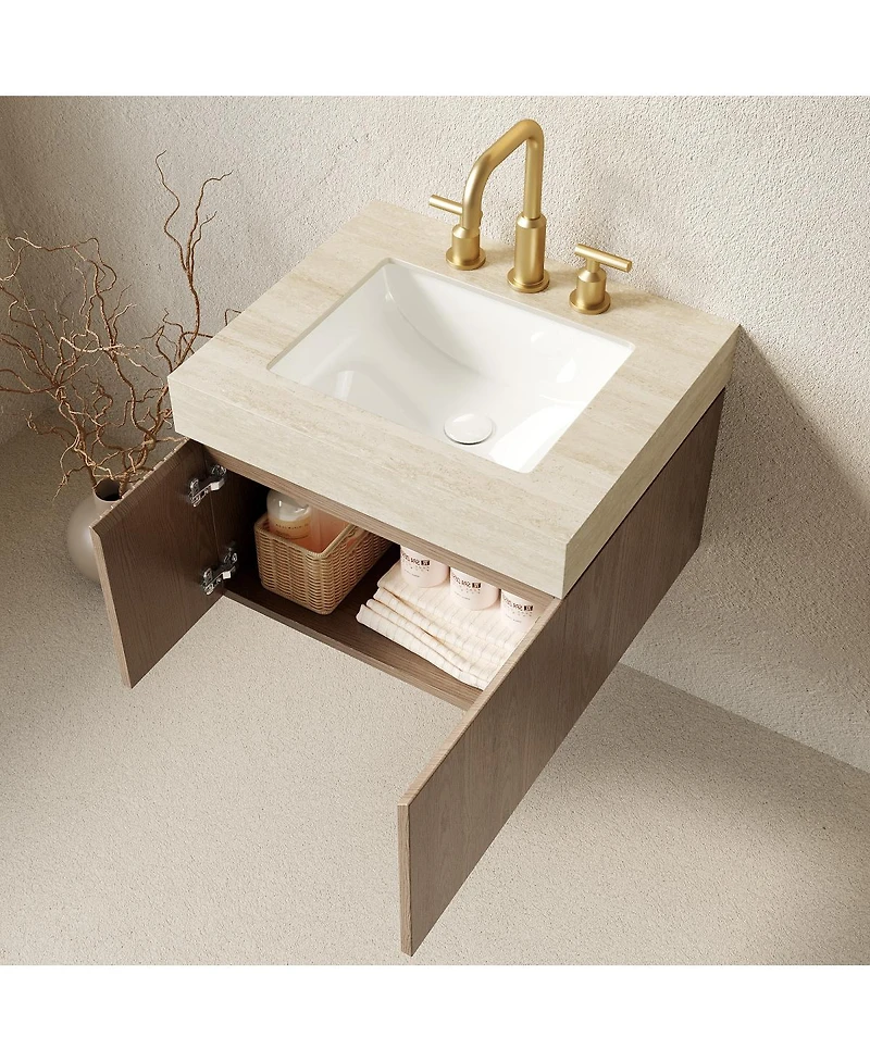 Sillysis Wall Mounted Bathroom Vanity, Travertine Pattern Sintered Stone Top, 3-Hole Ceramic Sink, Soft Close Cabinet