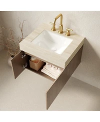 Sillysis Wall Mounted Bathroom Vanity, Travertine Pattern Sintered Stone Top, 3-Hole Ceramic Sink, Soft Close Cabinet
