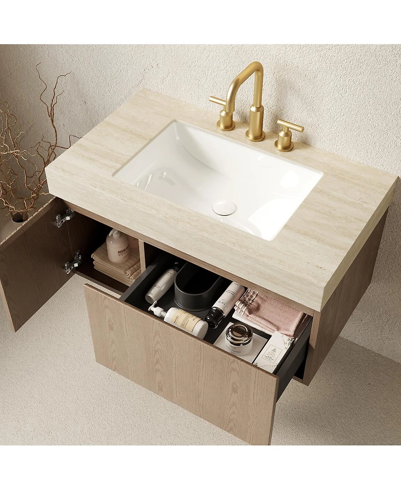 Sillysis Wall Mounted Bathroom Vanity, Travertine Pattern Sintered Stone Top, 3-Hole Ceramic Sink, Soft Close Cabinet