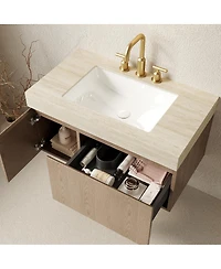 Sillysis Wall Mounted Bathroom Vanity, Travertine Pattern Sintered Stone Top, 3-Hole Ceramic Sink, Soft Close Cabinet