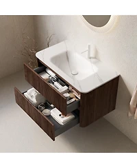 Sillysis Inches Modern Walnut Wall Mounted Bathroom Vanity, Sintered Stone Basin, Soft Close Drawers Large Storage