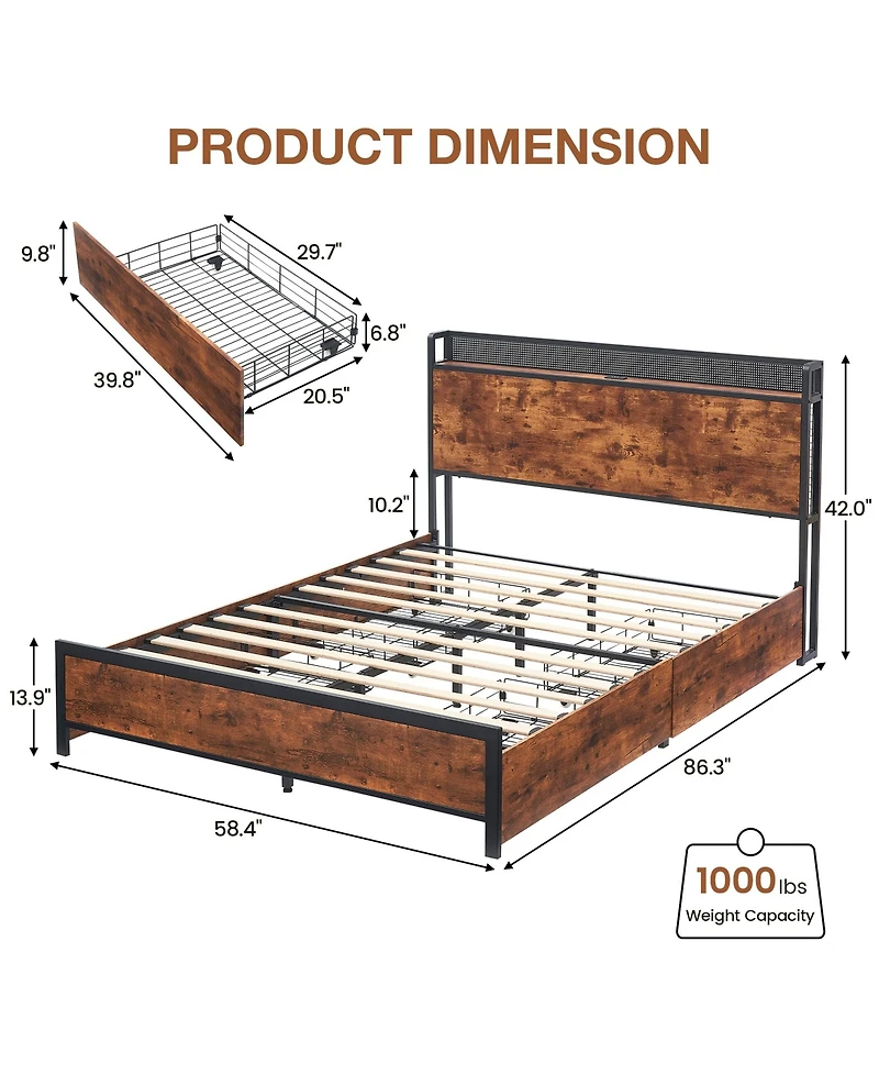 homfan Led Platform Bed Frame with Storage Headboard, Charging Station, 4 Drawers and Side Baskets