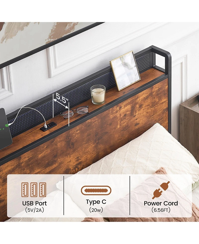 homfan Led Platform Bed Frame with Storage Headboard, Charging Station, 4 Drawers and Side Baskets