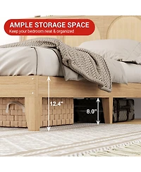 homfan Platform Bed with Rattan Headboard and Adjustable Rgb Led, Wood Slat Support, Noise-Reducing Design