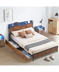 homfan Led Platform Bed Frame with Storage Headboard, Charging Station, 4 Drawers and Side Baskets