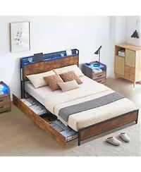 Homfan Led Platform Bed Frame With Storage Headboard Charging Station 4 Drawers Side Baskets No Box Spring Needed