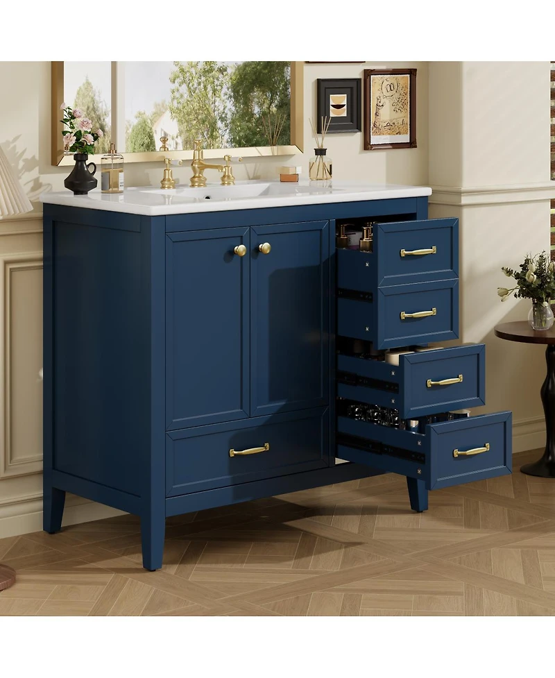 Sillysis 35.4 Inches Freestanding Bathroom Vanity with Sink, Soft Close Drawers, Multi-Tier Storage for Modern Bathrooms