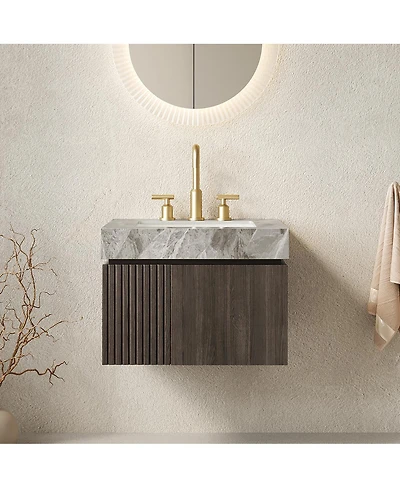 Sillysis 24 Inches Floating Bathroom Vanity with Italian Sintered Stone Top, Plywood Cabinet, 3 Hole Ceramic Sink, Soft Close Storage, Pre-assembled