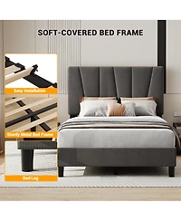 homfan Upholstered Platform Bed Frame with 3-Height Adjustable Headboard, Slat Support, No Box Spring Needed