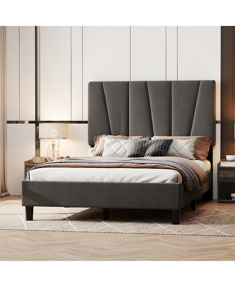 homfan Upholstered Platform Bed Frame with 3-Height Adjustable Headboard, Slat Support, No Box Spring Needed