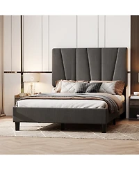 homfan Upholstered Platform Bed Frame with 3-Height Adjustable Headboard, Slat Support, No Box Spring Needed