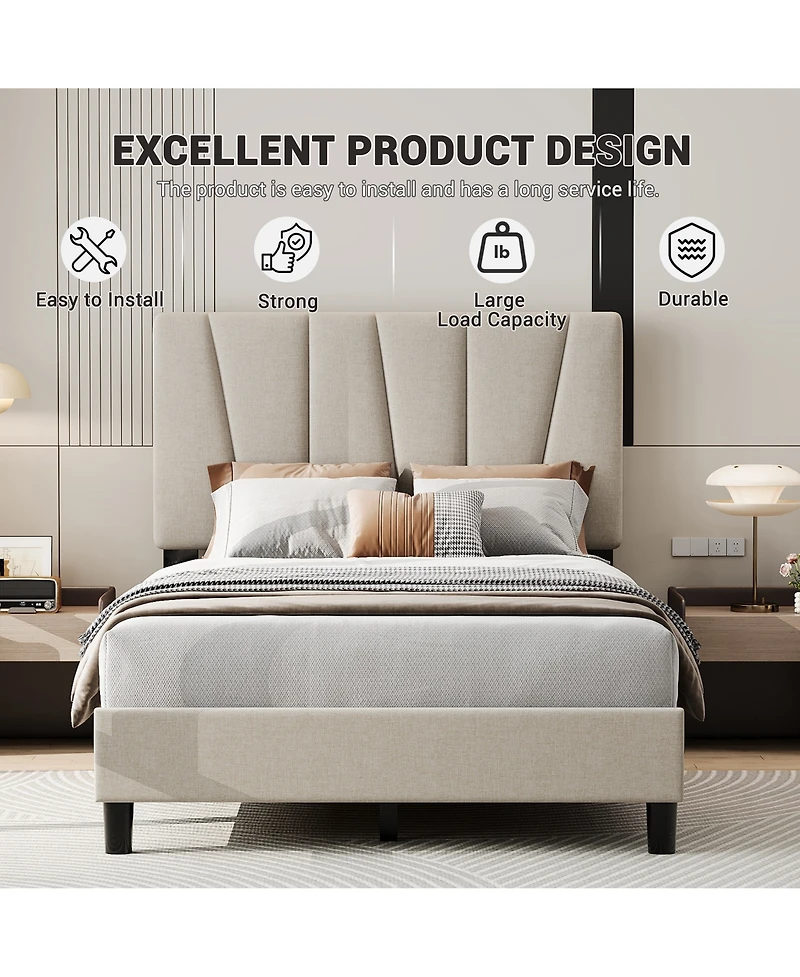 homfan Upholstered Platform Bed Frame with 3-Height Adjustable Headboard, Slat Support, No Box Spring Needed