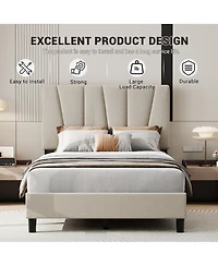 homfan Upholstered Platform Bed Frame with 3-Height Adjustable Headboard, Slat Support, No Box Spring Needed