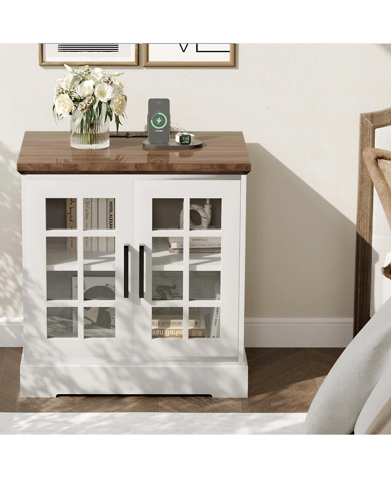 homfan Farmhouse Bedside End Table with Charging Station, Glass Barn Door Design, Adjustable Shelves and Large Storage, Stable for Bedroom