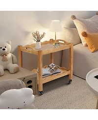 flynama Solid Rubberwood 2-Tier Rolling Side Table with Lockable Wheels