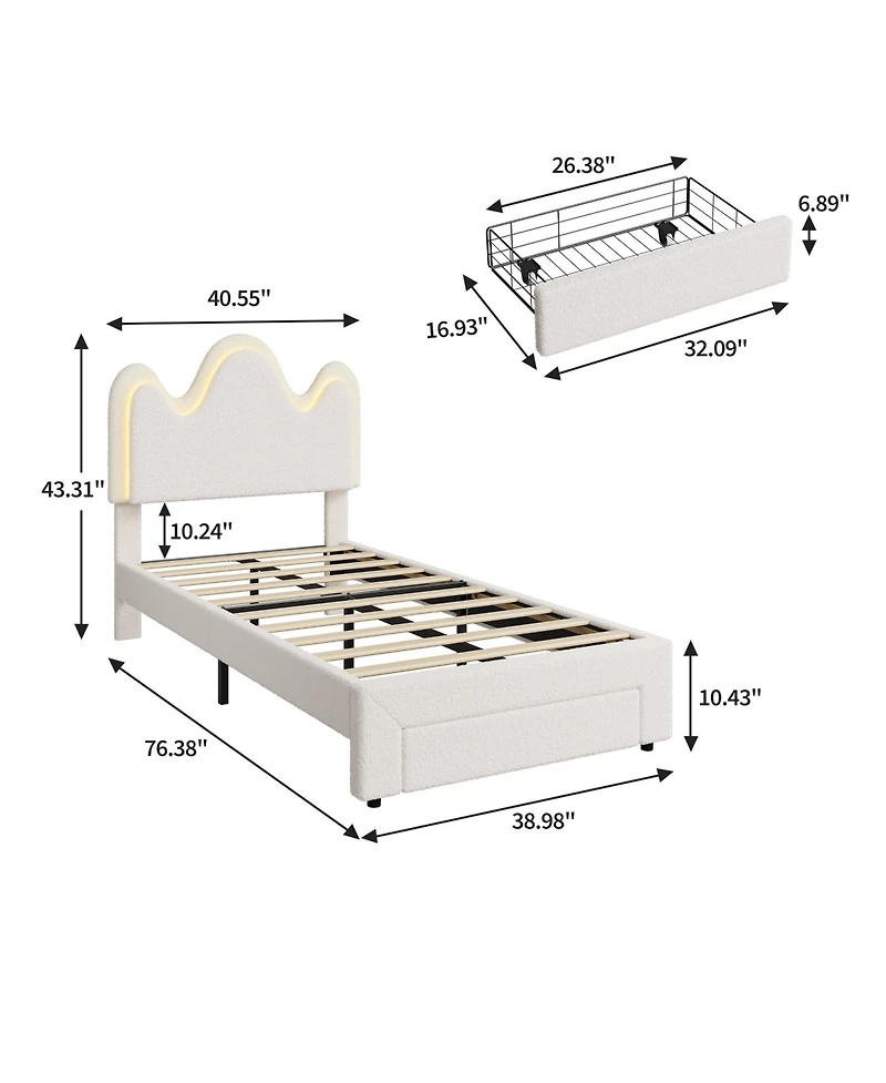 homfan Upholstered Led Platform Bed Frame with Flower Headboard and Storage Drawers, Wood Slat Support