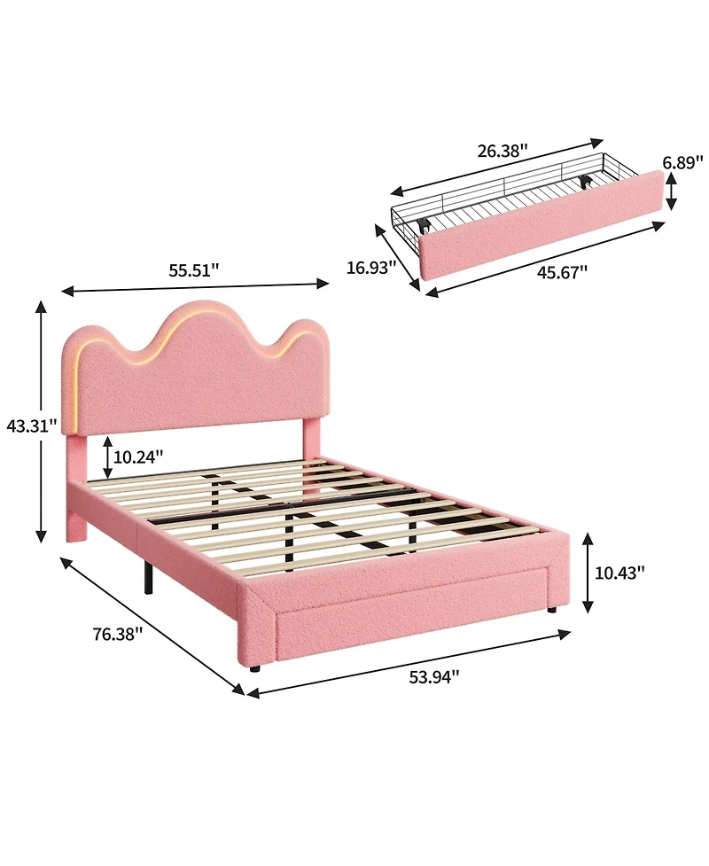 homfan Upholstered Led Platform Bed Frame with Flower Headboard and Storage Drawers, Wood Slat Support