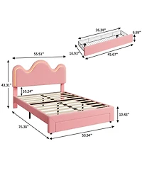 homfan Upholstered Led Platform Bed Frame with Flower Headboard and Storage Drawers, Wood Slat Support
