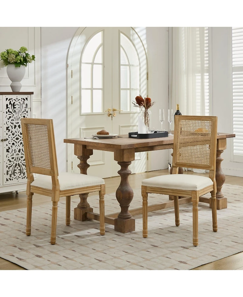 Clihome French Decor Chairs Set of 2, Louis Dining with Square Rattan Backrest and Exquisitely Carved Solid Wood Frame for Living Room