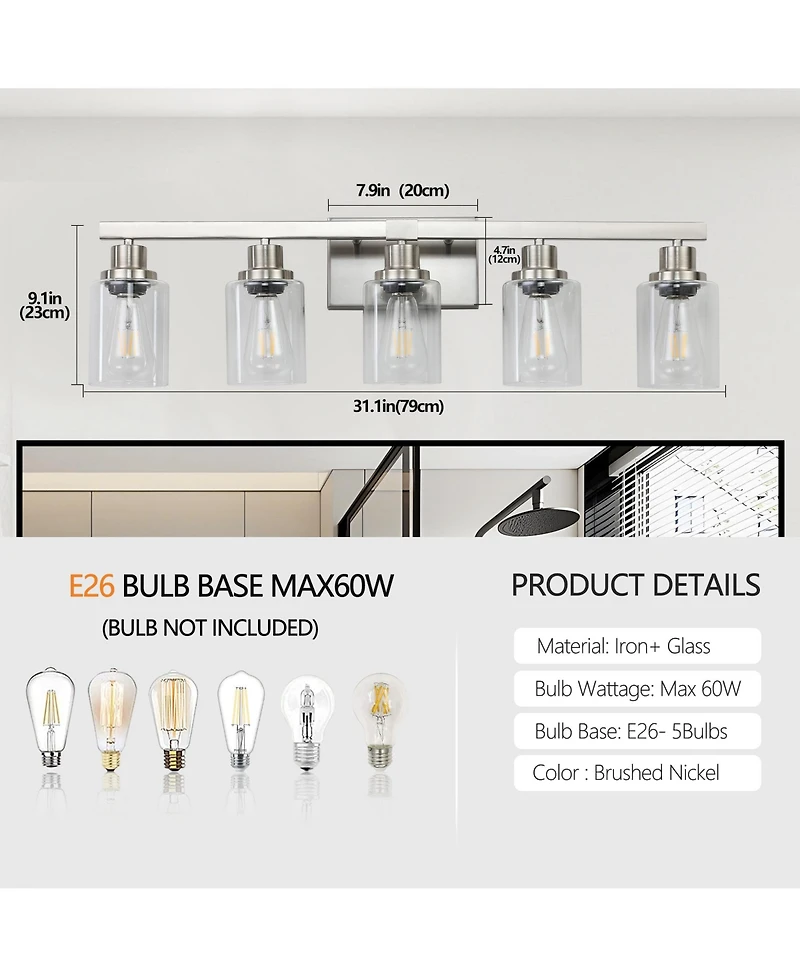 Busdays 31 Inch Modern 5 Light Bathroom Vanity Light Fixture Brushed Nickel with Clear Glass Shades for Bathroom Vanity Dressing Area No Bulbs