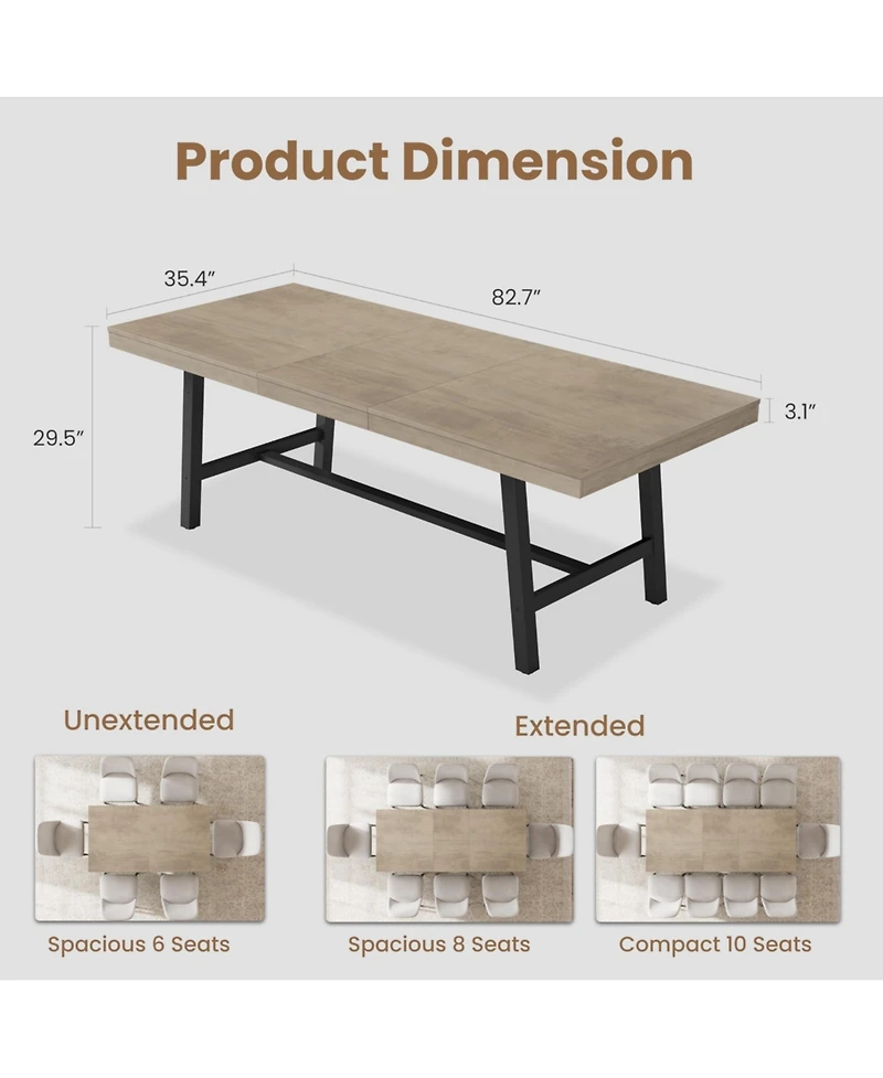 homfan Extendable Dining Table for 6-8, Industrial Rectangular Kitchen with Metal Frame, Expandable Wood-Top