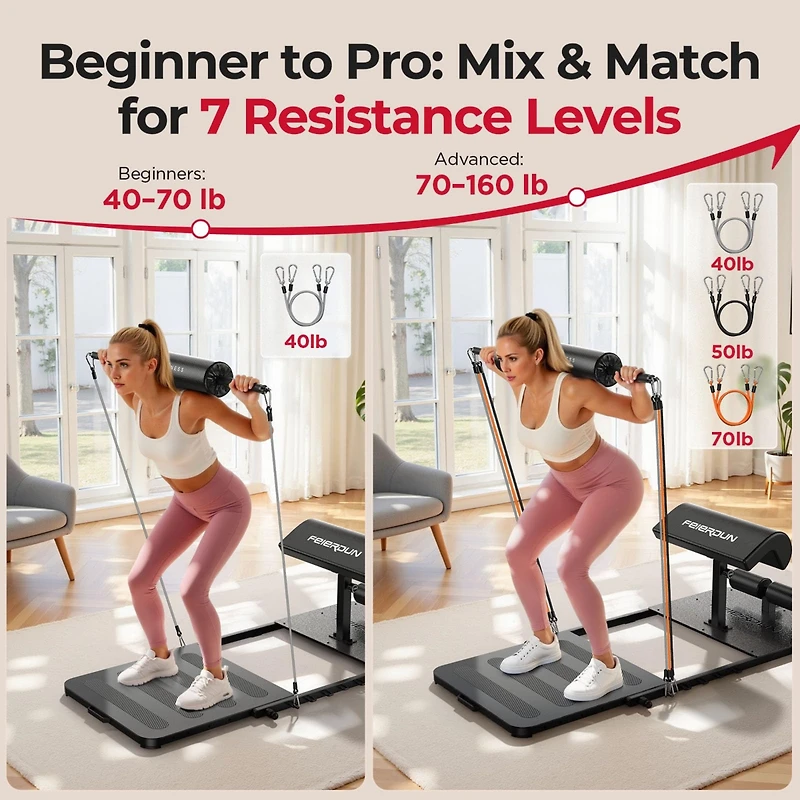 Fed Fitness 6-in-1 adjustable hip thrust machine with padded bar, resistance bands, and durable steel frame-ideal for glute, squat, and home workouts.
