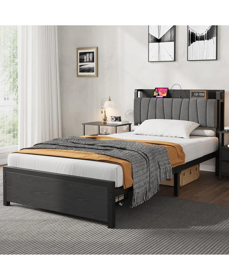 homfan Bed Frame with Storage Headboard, Platform Bed with Large Drawer and Charging Station