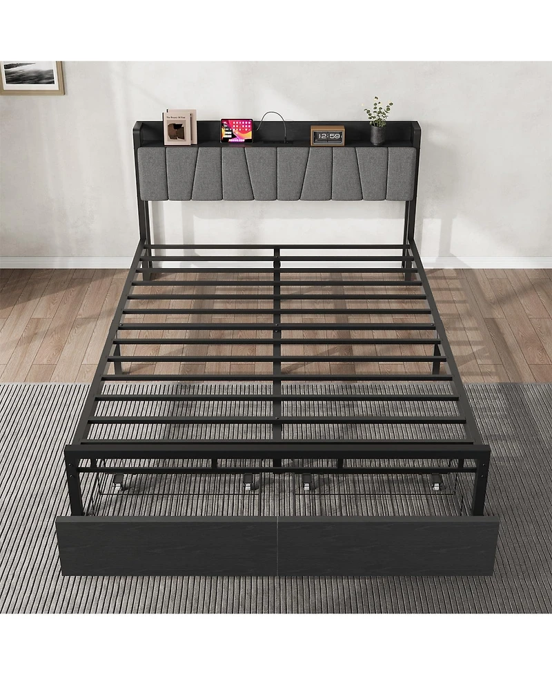 homfan Bed Frame with Storage Headboard, Platform Bed with Large Drawer and Charging Station