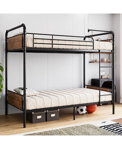 homfan Twin Over Metal Bunk Bed, Converts to 2 Single Beds, Detachable Ladder and Guardrails, Industrial Style with Board Accents