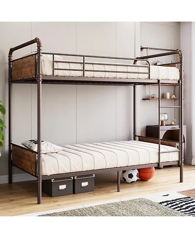 homfan Twin Over Metal Bunk Bed, Converts to 2 Single Beds, Detachable Ladder and Guardrails, Industrial Style with Board Accents