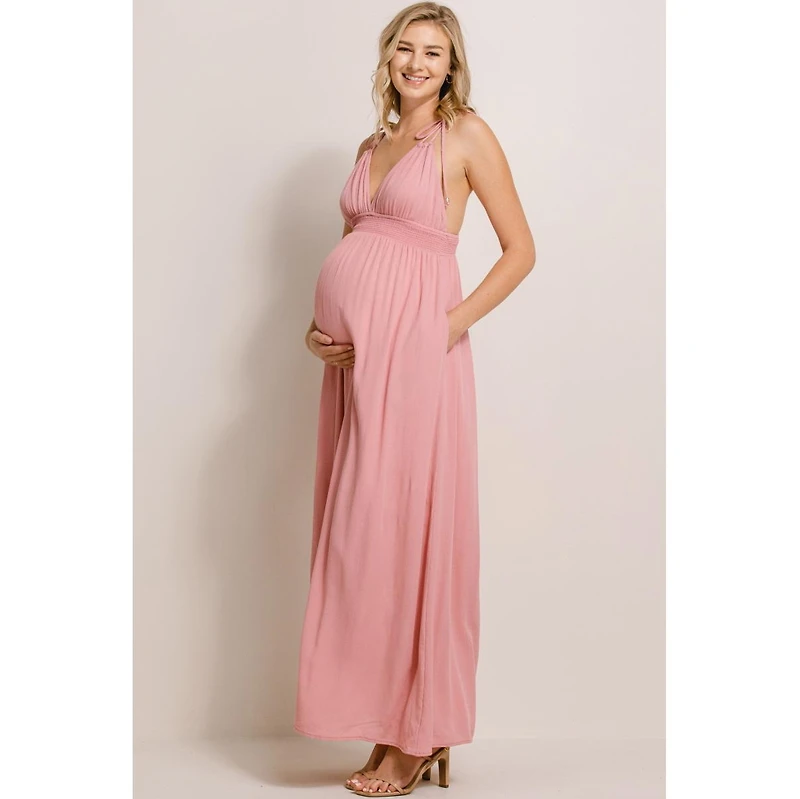 Hello Miz Maternity V-Neck Tie Strap Empire Waist Maxi Dress with Pockets