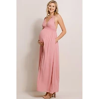 Hello Miz Maternity V-Neck Tie Strap Empire Waist Maxi Dress with Pockets