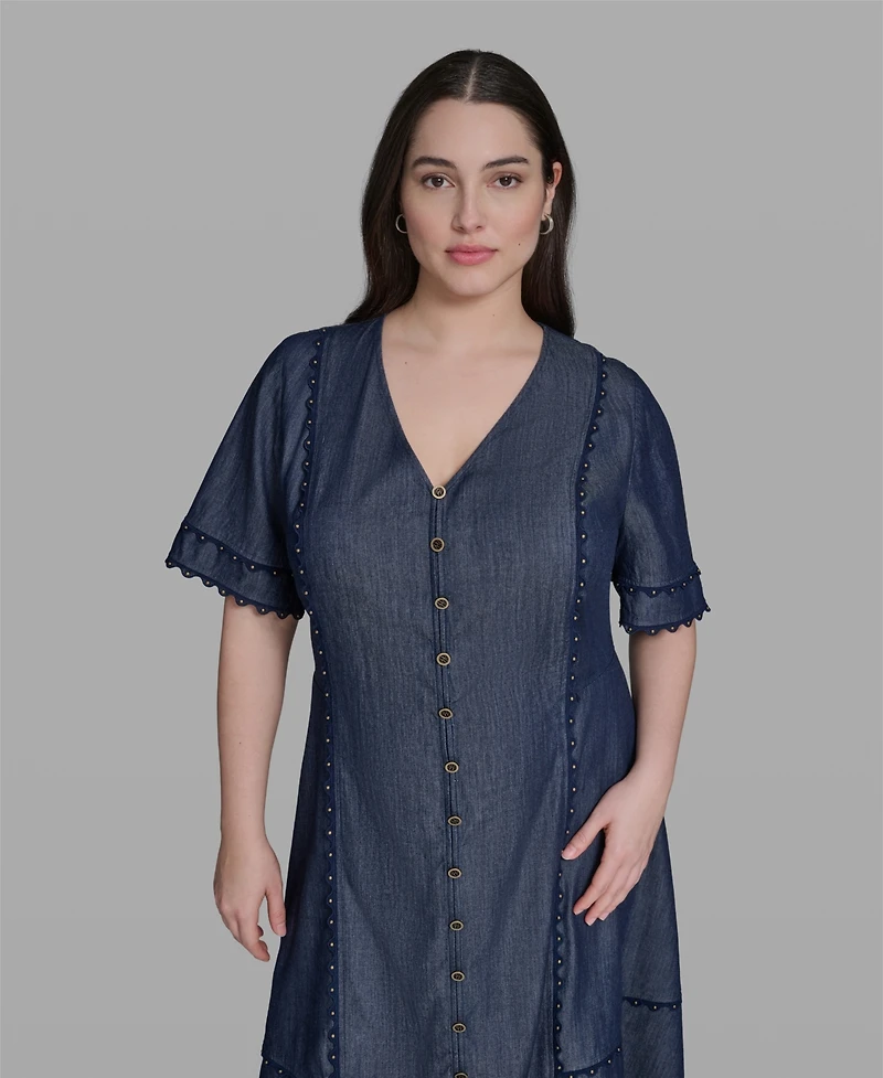 Karl Lagerfeld Paris Plus Rayon-Blend Chambray V-Neck Dress