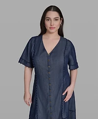 Karl Lagerfeld Paris Plus Rayon-Blend Chambray V-Neck Dress