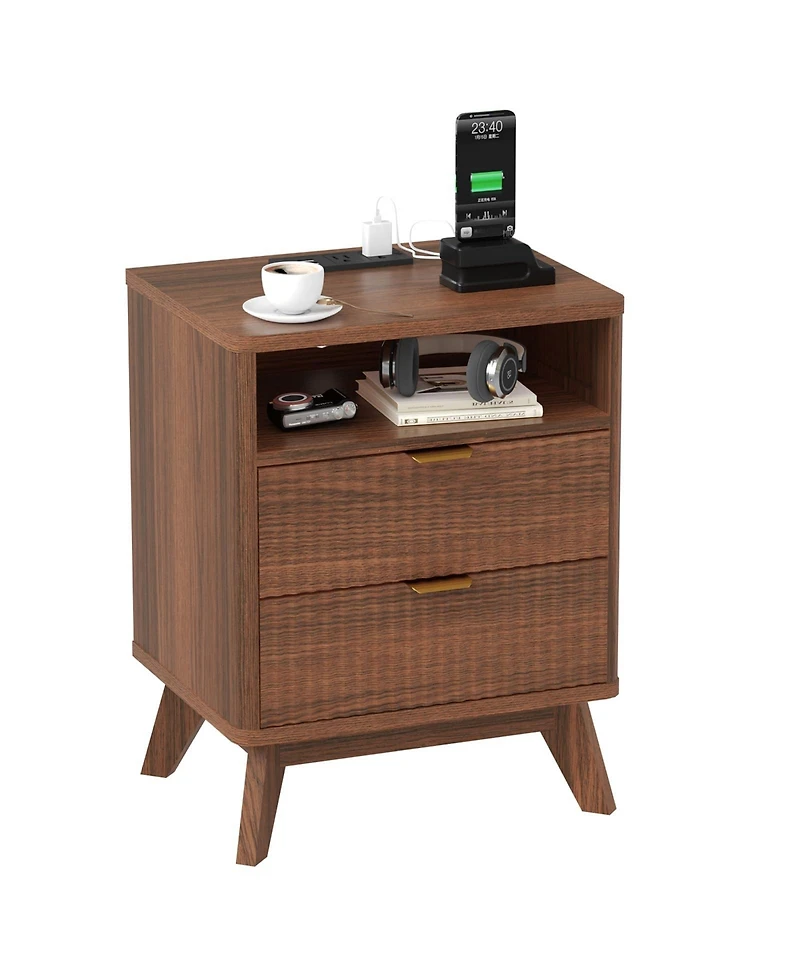 homfan Set of 2 Modern Fluted Bedside Tables, Usb and Ac Power Outlets, Drawers Open Shelf, Sturdy Wooden Legs, Accent Furniture for Bedroom
